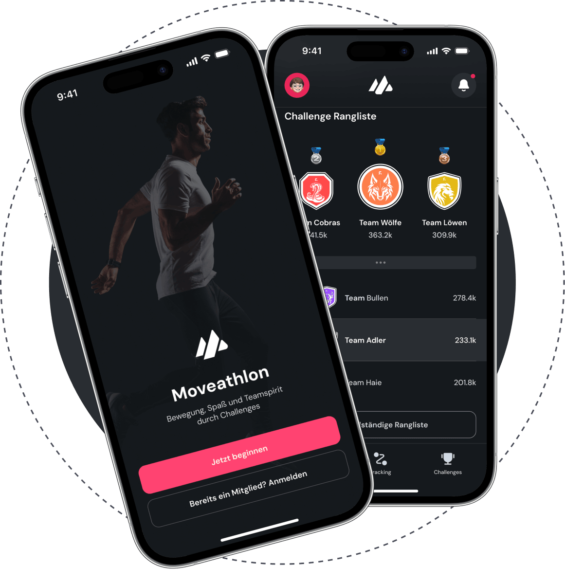 App-Ansicht einer einmaligen Firmen-Challenge mit Rangliste