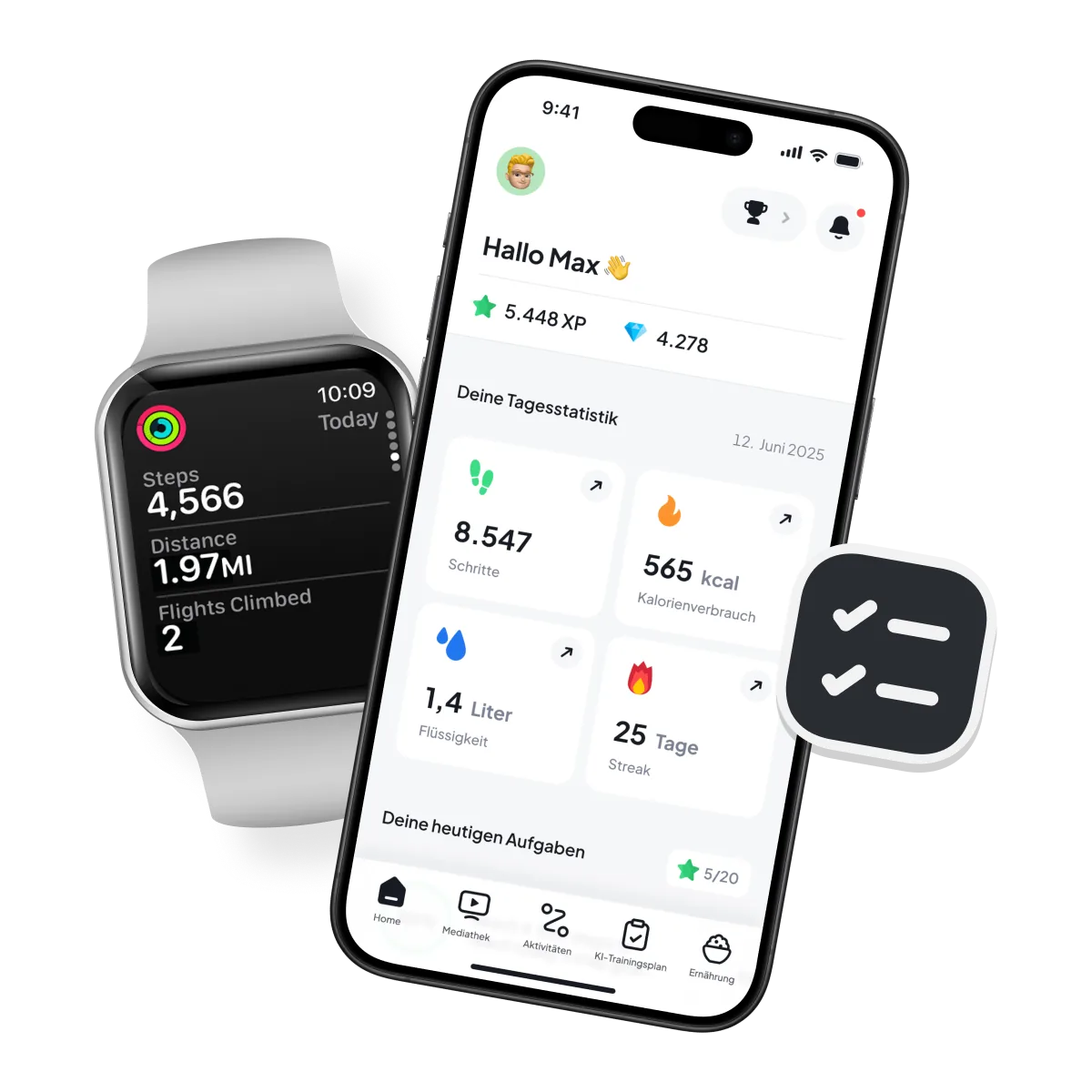 FIT-UP App mit Tagesaufgaben zu Bewegung, Ernährung und Erholung auf zwei Smartphones