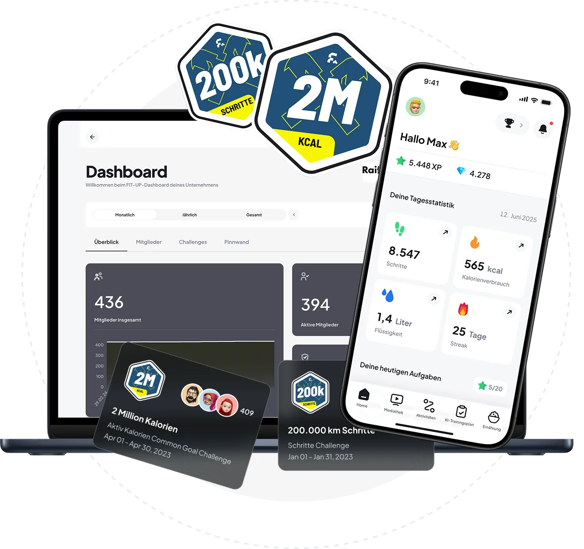 FIT-UP Dashboard am Laptop neben der FIT-UP App mit Tagesstatistik zu Schritten, Kalorien und Streak
