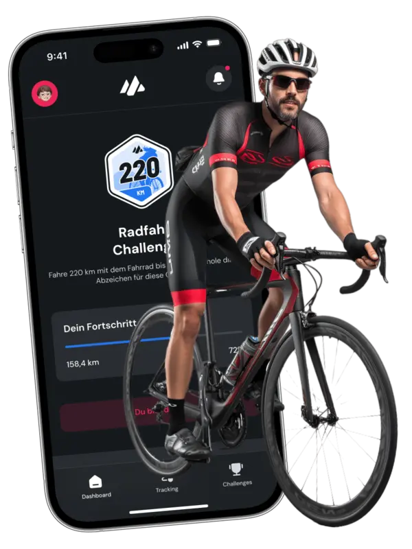 Moveathlon App: Radfahren-Challenge mit Abzeichen und Fortschritt