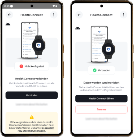 Zwei FIT-UP Screenshots: Health Connect verbinden und den Status Verbunden prüfen
