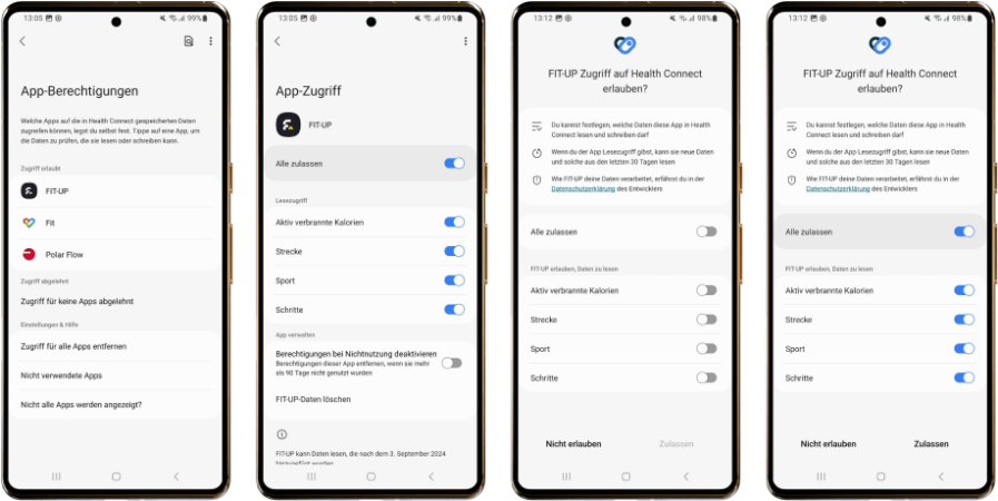 Vier Screenshots zeigen den Lesezugriff für FIT-UP in Health Connect vor und nach der Freigabe