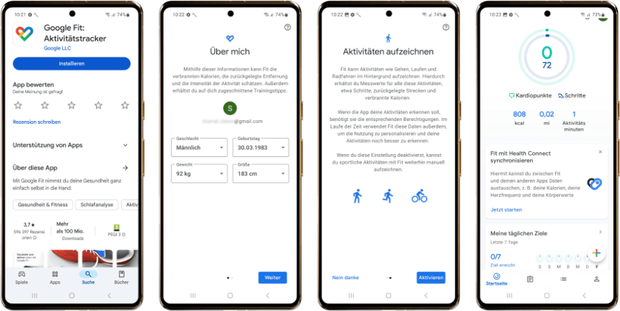 Vier Screenshots der ursprünglichen Google-Fit-Anleitung: installieren, Profil einrichten und Aktivitäten aufzeichnen