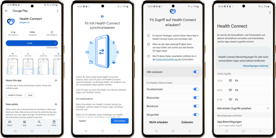 Vier Android-Screenshots: Health Connect installieren, Google Fit verbinden, Zugriff erlauben und App-Berechtigungen prüfen